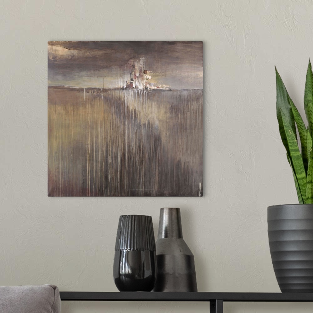 A modern room featuring Contemporary abstract painting using neutral earthy tones of a plains landscape.