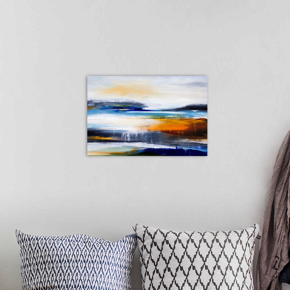 A bohemian room featuring Contemporary painting of an abstract interpretation of a sunset at a lake.