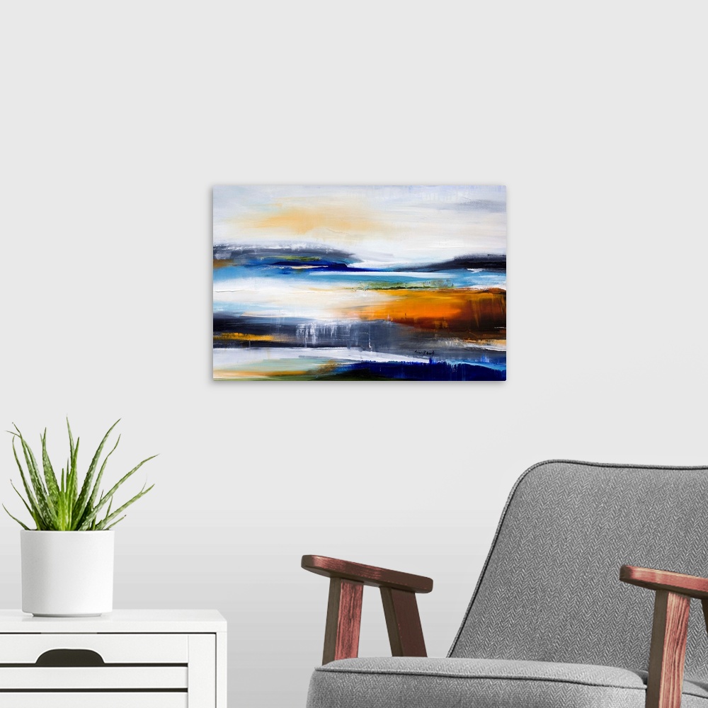 A modern room featuring Contemporary painting of an abstract interpretation of a sunset at a lake.