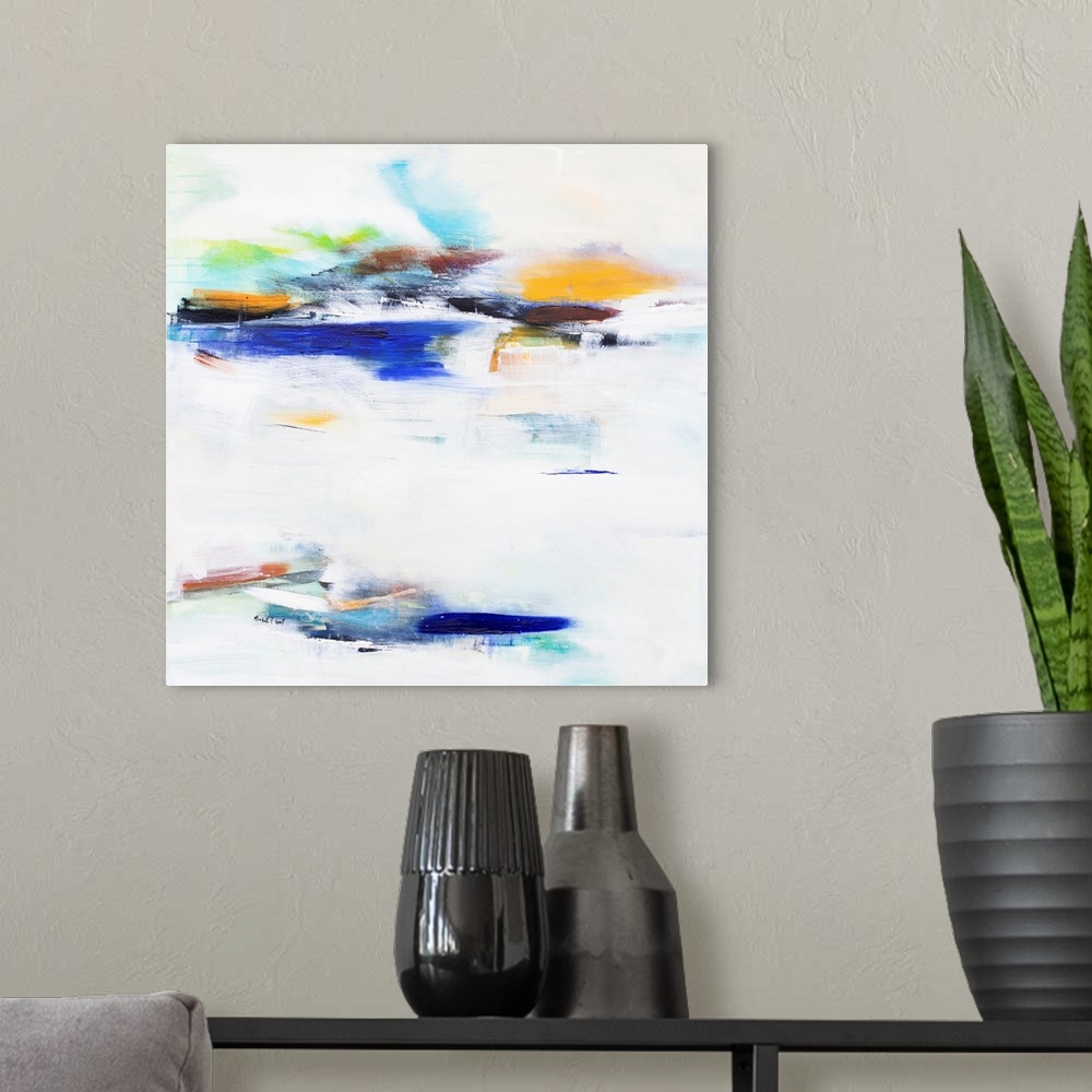 A modern room featuring Contemporary painting of an abstract interpretation of a sunset at a lake on a square canvas.