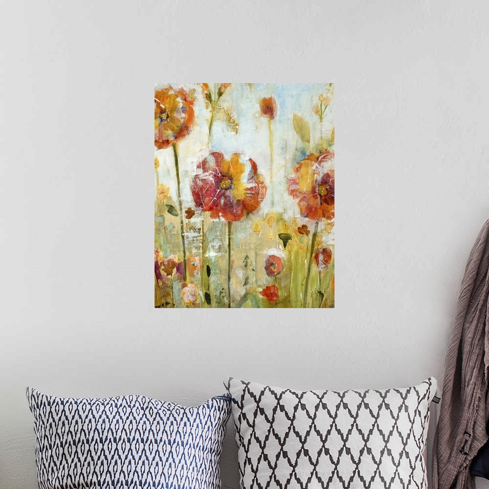 A bohemian room featuring Contemporary painting of pale red and orange wildflowers.