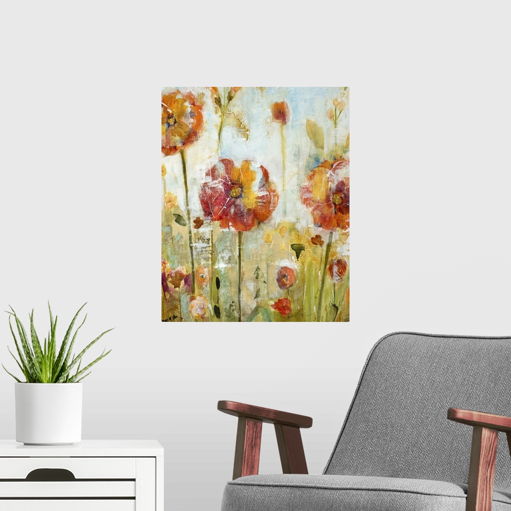 A modern room featuring Contemporary painting of pale red and orange wildflowers.