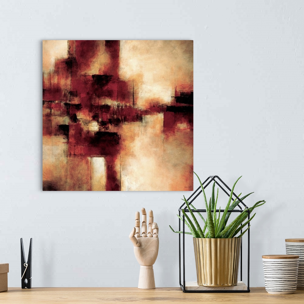A bohemian room featuring Contemporary abstract painting using earth tones and geometric shapes.