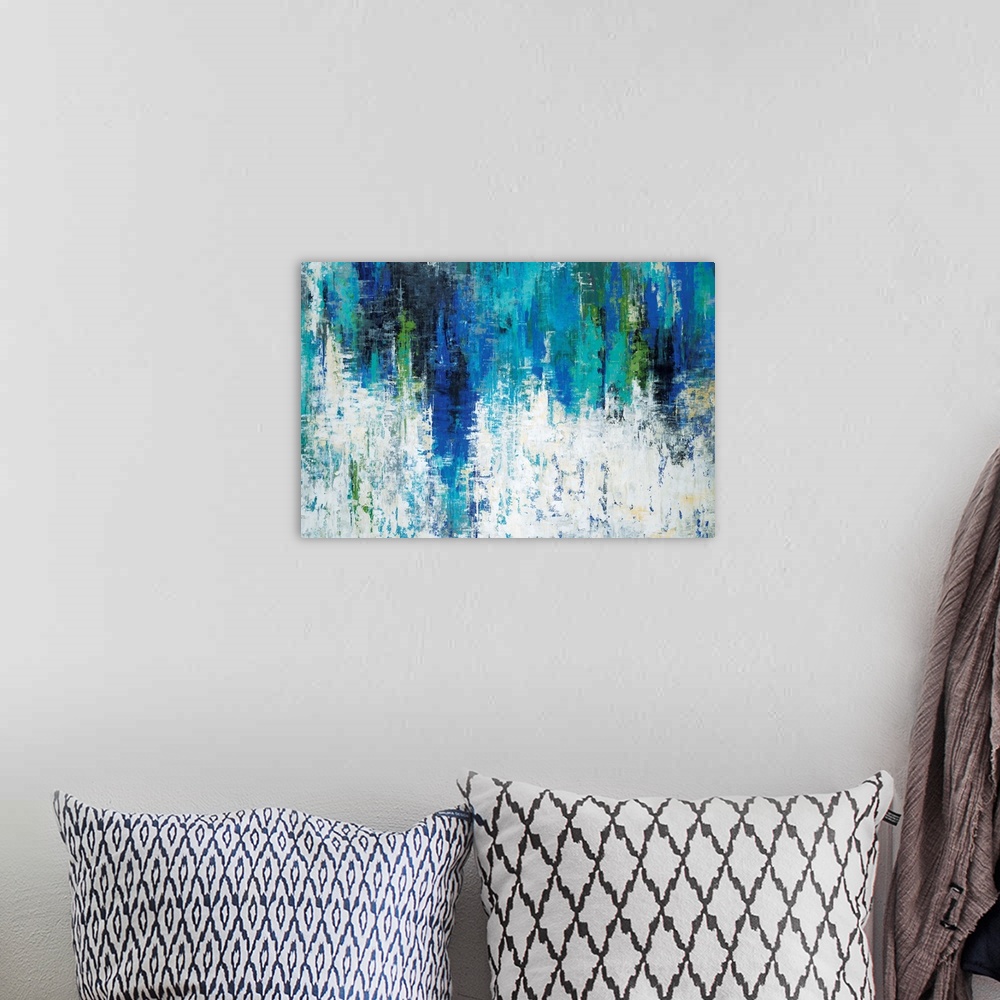 A bohemian room featuring Contemporary abstract painting using vibrant colors.