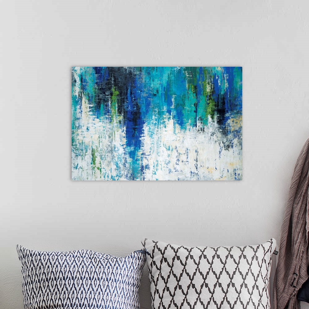 A bohemian room featuring Contemporary abstract painting using vibrant colors.