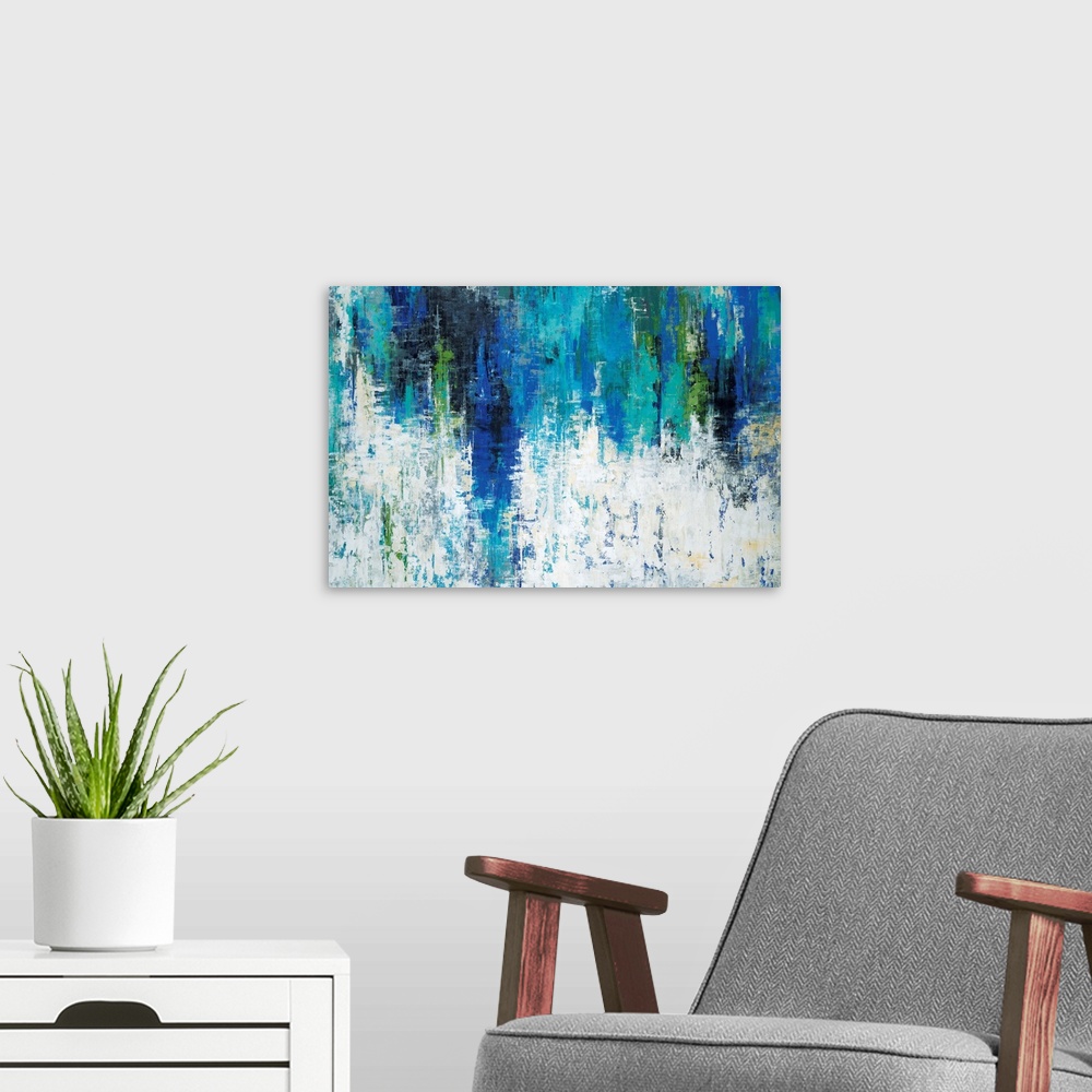 A modern room featuring Contemporary abstract painting using vibrant colors.