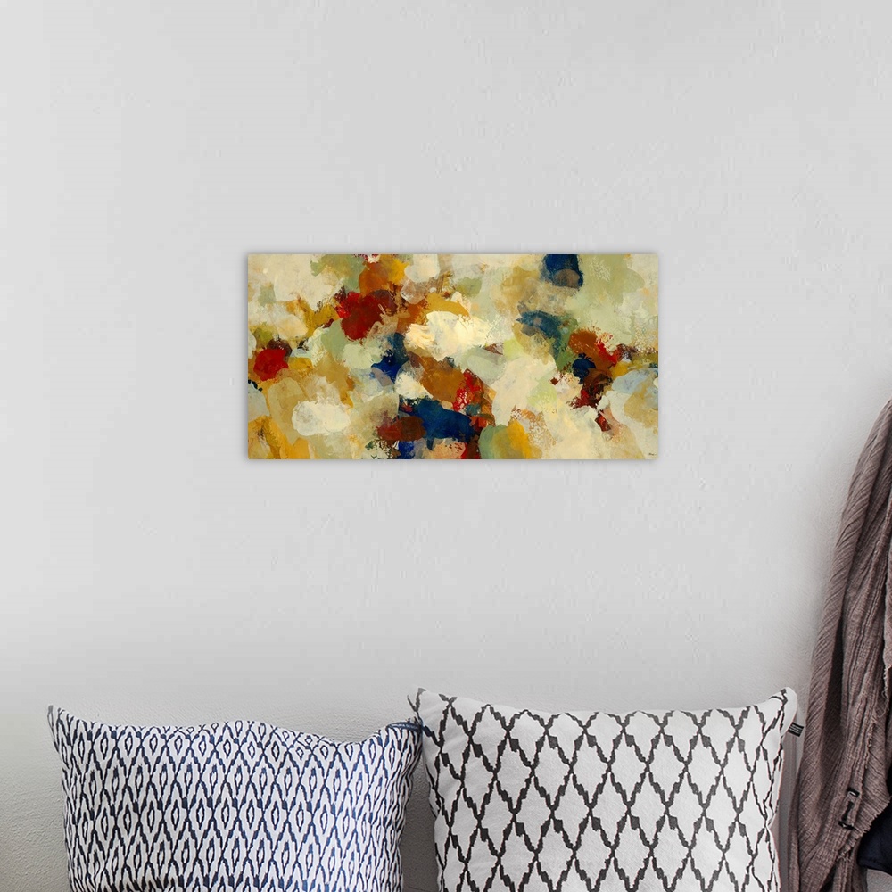 A bohemian room featuring Decorative accents for the home or office this wall art is a horizontal painting of unspecific bl...