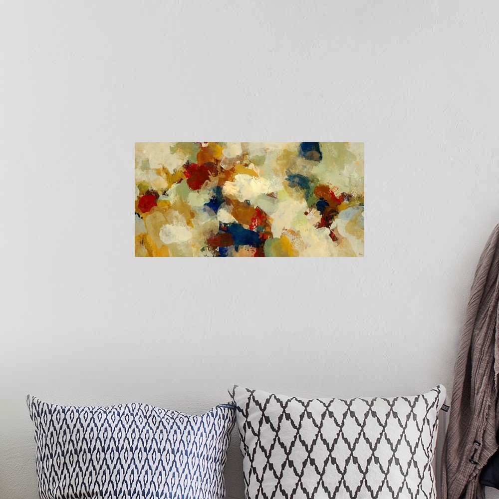 A bohemian room featuring Decorative accents for the home or office this wall art is a horizontal painting of unspecific bl...