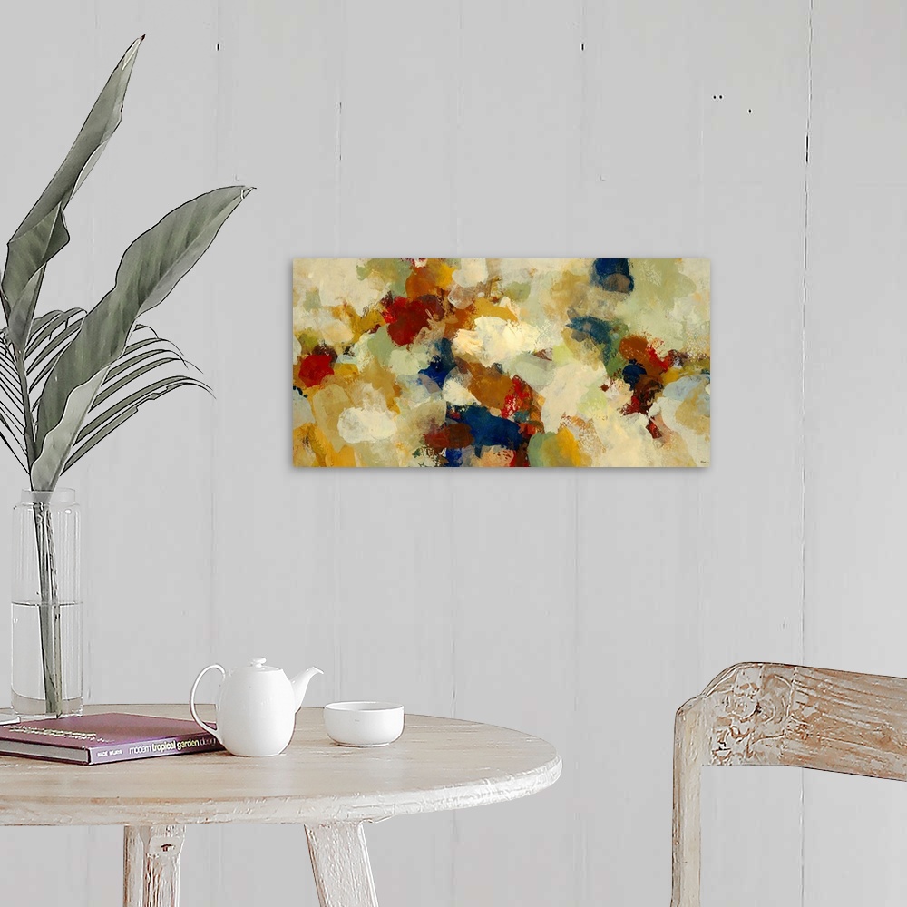 A farmhouse room featuring Decorative accents for the home or office this wall art is a horizontal painting of unspecific bl...