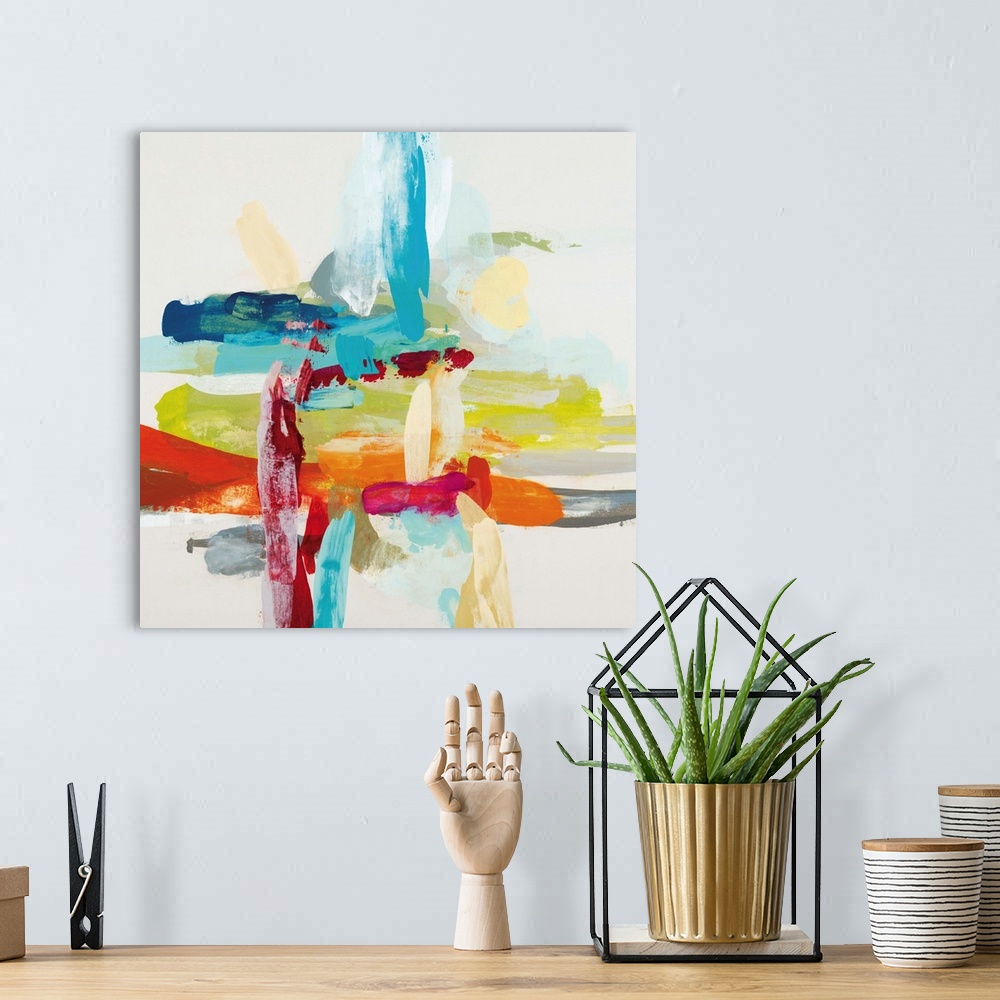 A bohemian room featuring Contemporary abstract painting using vibrant bold colors.