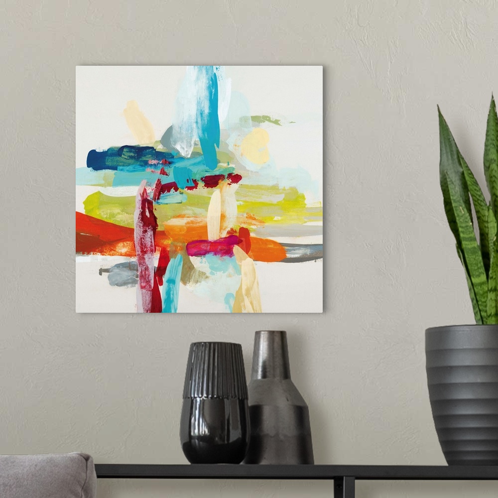 A modern room featuring Contemporary abstract painting using vibrant bold colors.