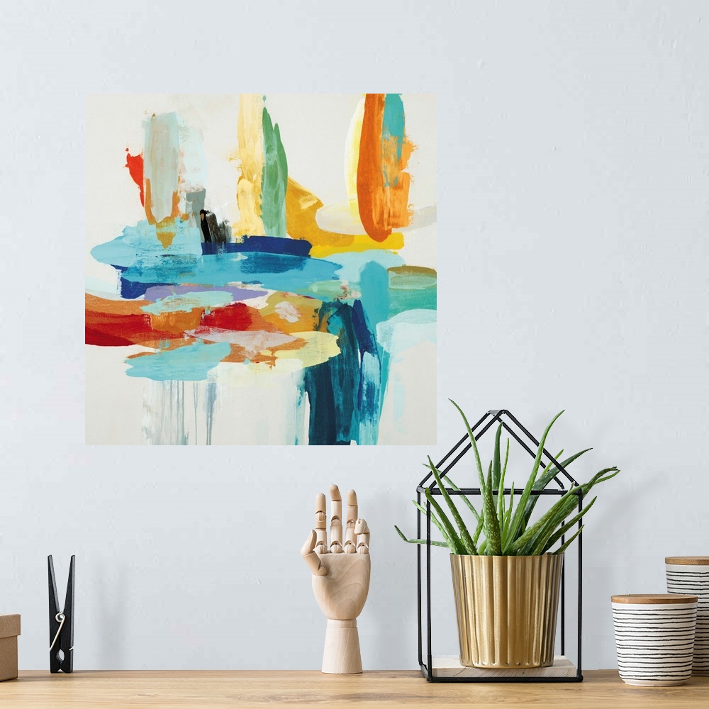 A bohemian room featuring Contemporary abstract painting using vibrant bold colors.