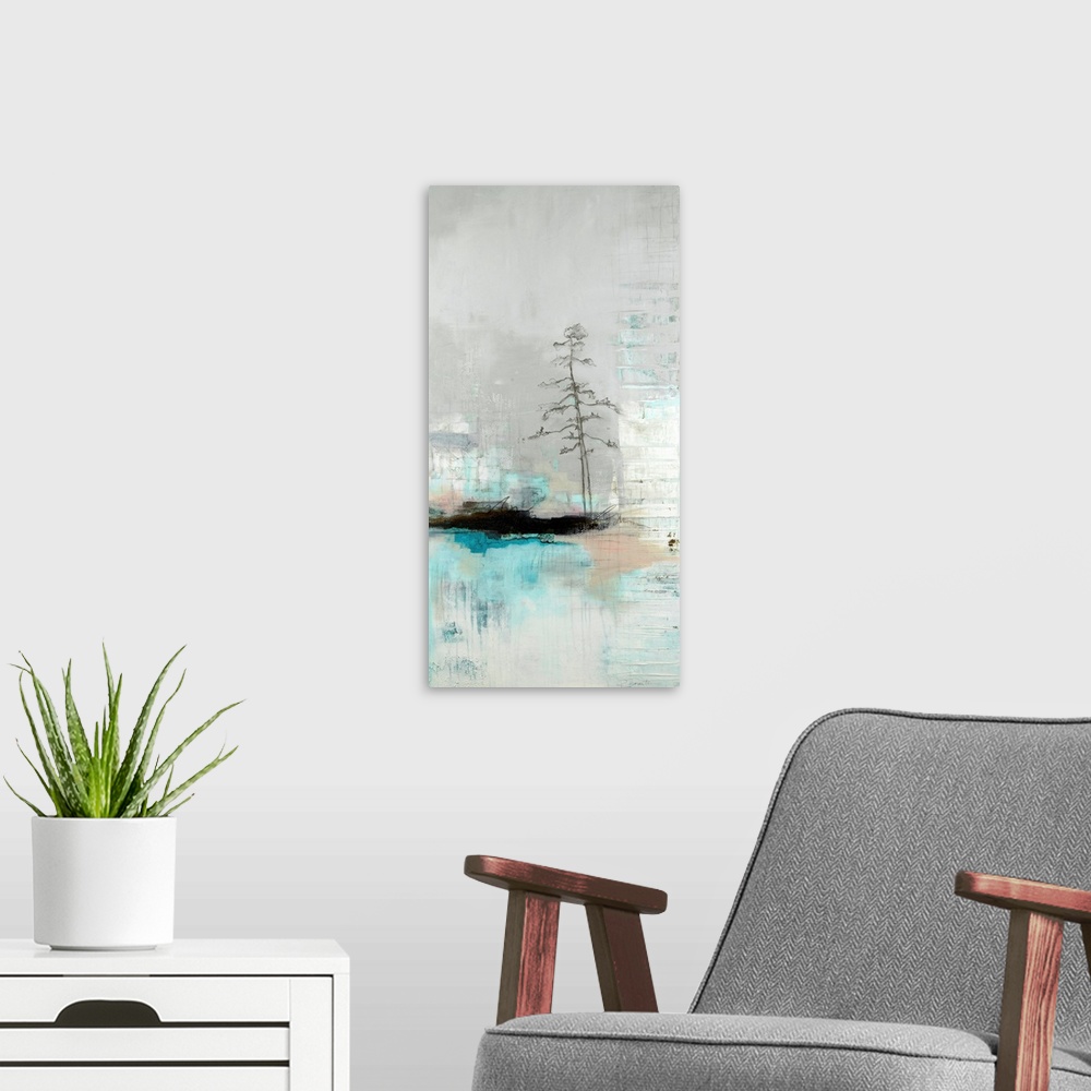 A modern room featuring A light toned, contemporary painting featuring a lone tree on an island, in a very abstracted form