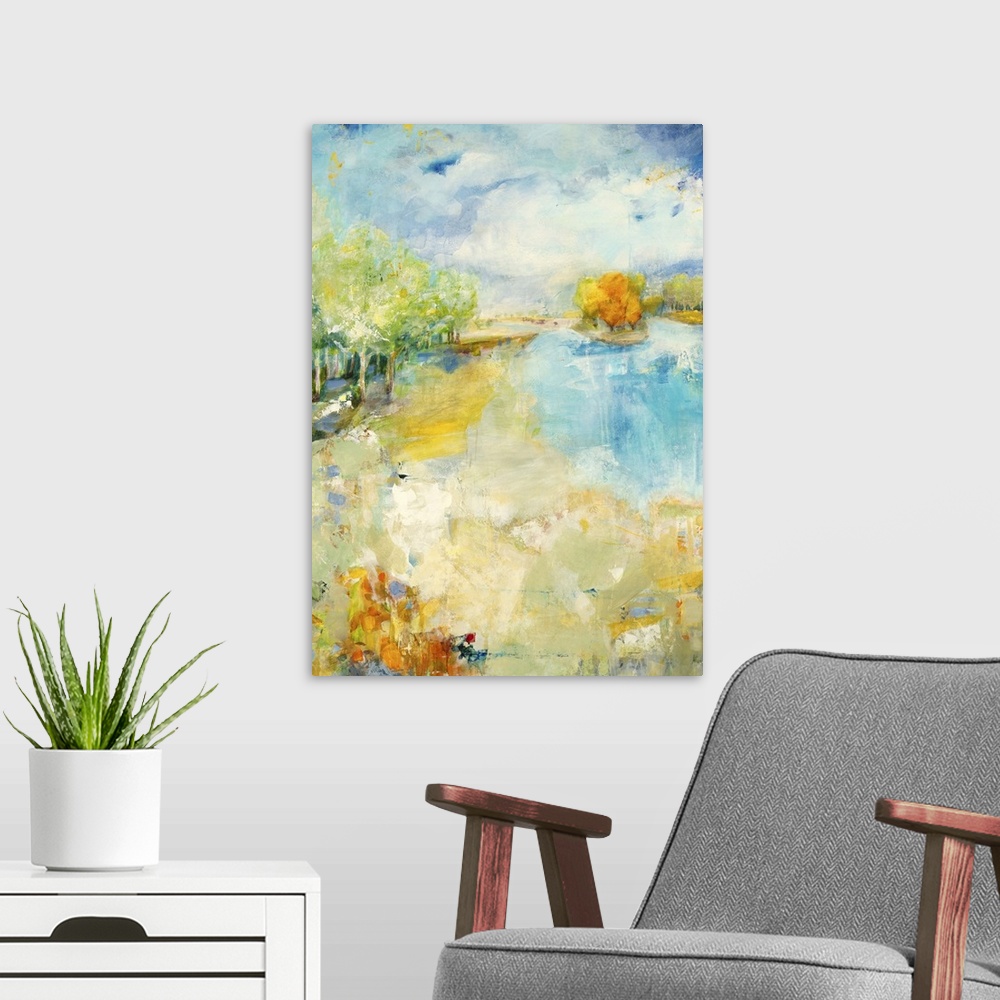 A modern room featuring Contemporary painting of a tranquil landscape.