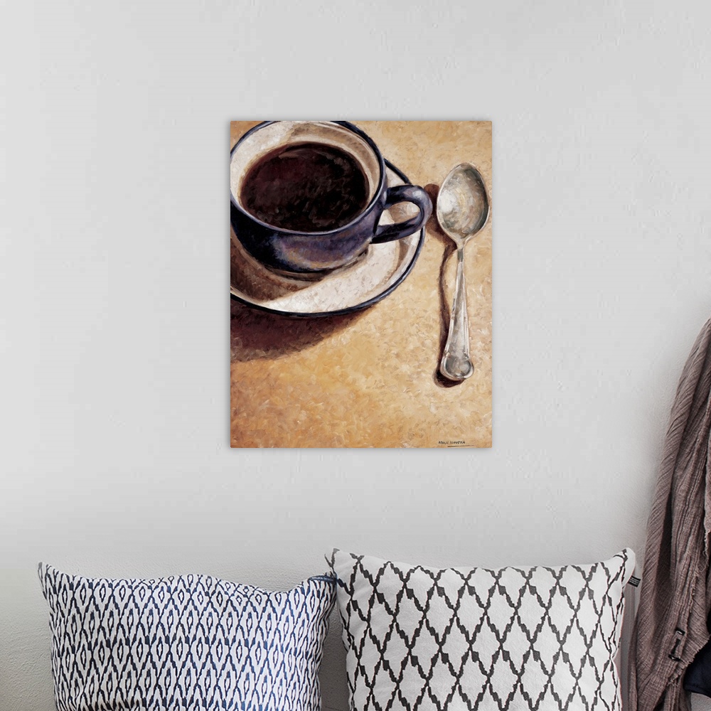 A bohemian room featuring Contemporary painting of a cup of coffee with a spoon.