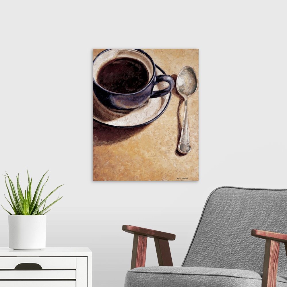 A modern room featuring Contemporary painting of a cup of coffee with a spoon.
