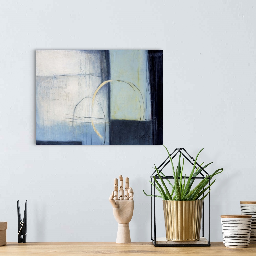 A bohemian room featuring Contemporary abstract painting using cool tones and organic shapes.