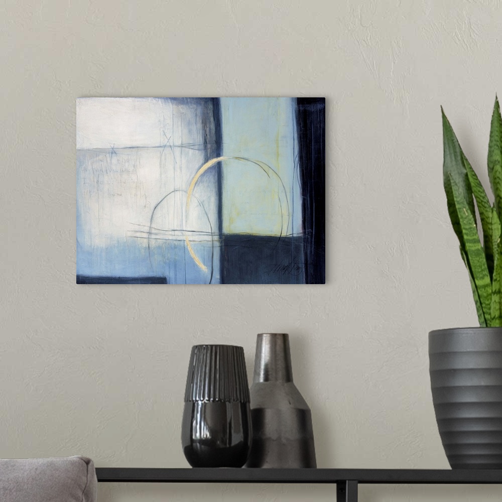 A modern room featuring Contemporary abstract painting using cool tones and organic shapes.