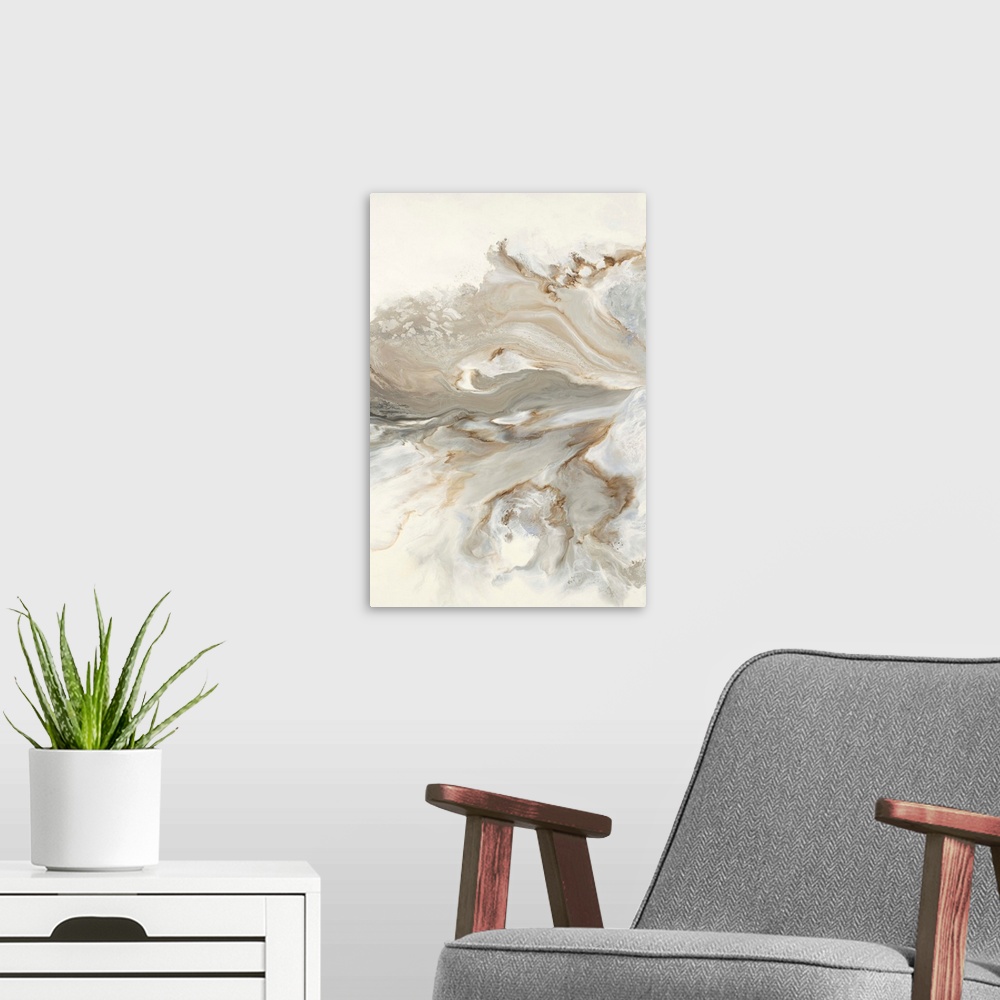 A modern room featuring Abstract painting with brown, gold, and gray hues marbling together on a white background.