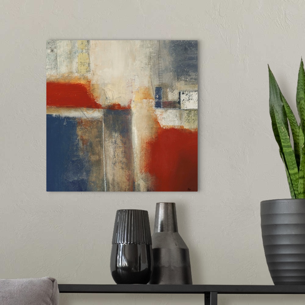 A modern room featuring This is a square abstract painting with area areas of layered color and sanded paint textures.