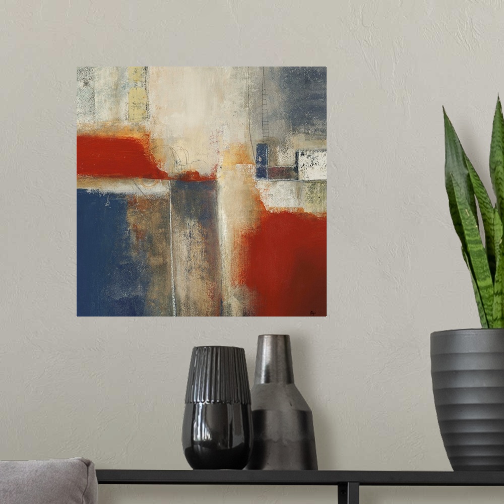 A modern room featuring This is a square abstract painting with area areas of layered color and sanded paint textures.