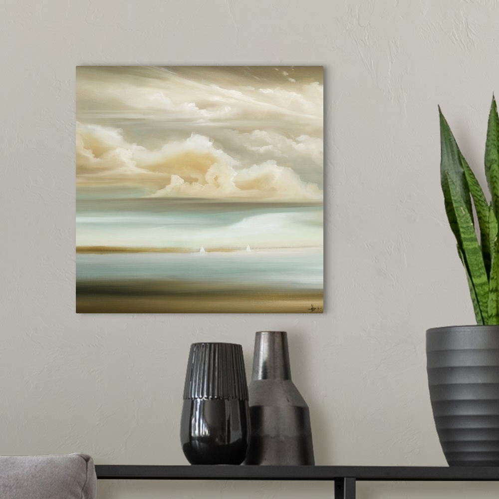 A modern room featuring A square painting of a seascape with a cloud filled sky and small white sailboats in the distance...