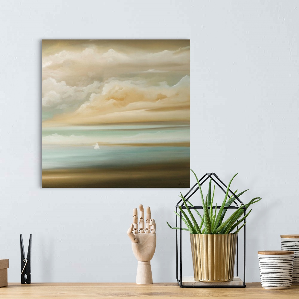 A bohemian room featuring A square painting of a seascape, with a cloud filled sky and small white sailboats in the distanc...