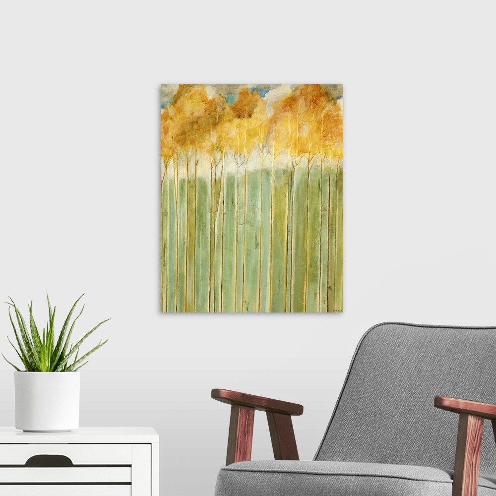 A modern room featuring A contemporary painting of tall trees on thin trunks with autumn foliage.