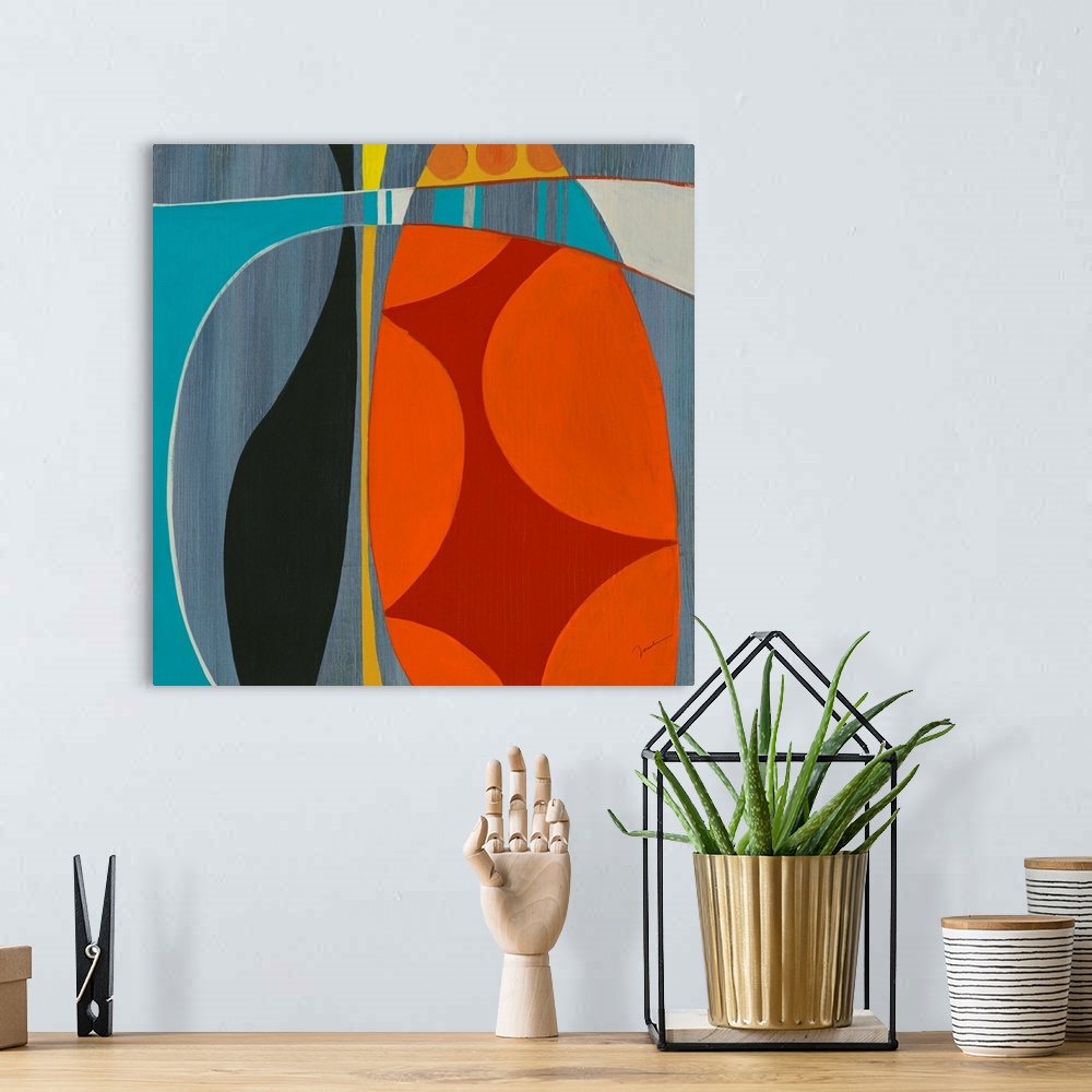 A bohemian room featuring A square abstract painting of curved lines and patterned shapes in bold primary colors.
