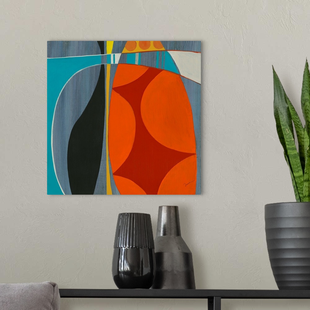 A modern room featuring A square abstract painting of curved lines and patterned shapes in bold primary colors.
