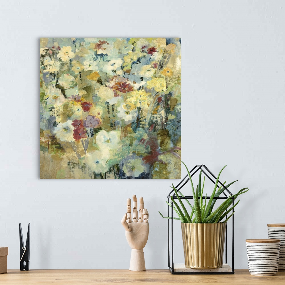 A bohemian room featuring Contemporary painting of pale yellow flowers with muted red ones mixed in.