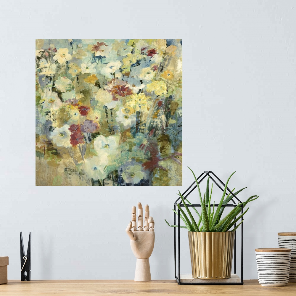 A bohemian room featuring Contemporary painting of pale yellow flowers with muted red ones mixed in.