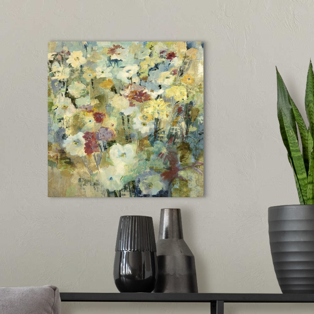 A modern room featuring Contemporary painting of pale yellow flowers with muted red ones mixed in.