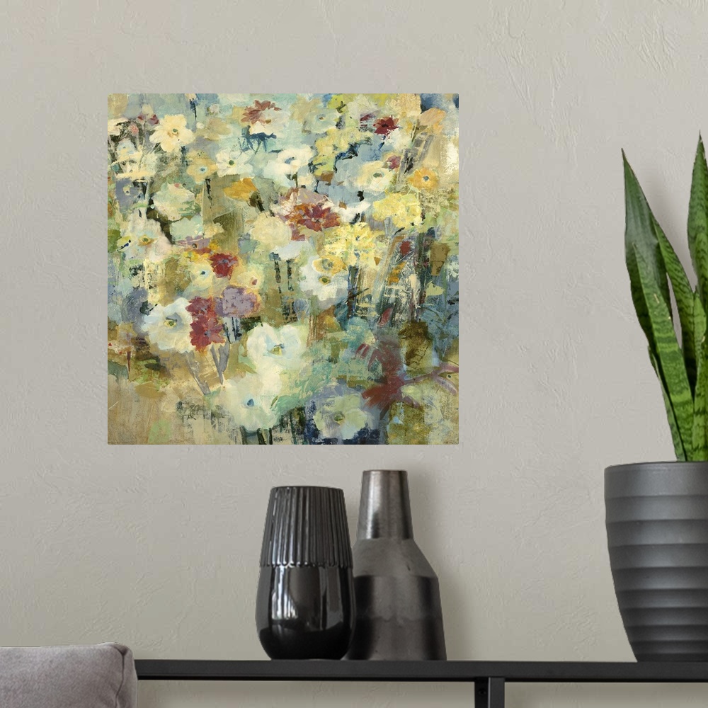 A modern room featuring Contemporary painting of pale yellow flowers with muted red ones mixed in.