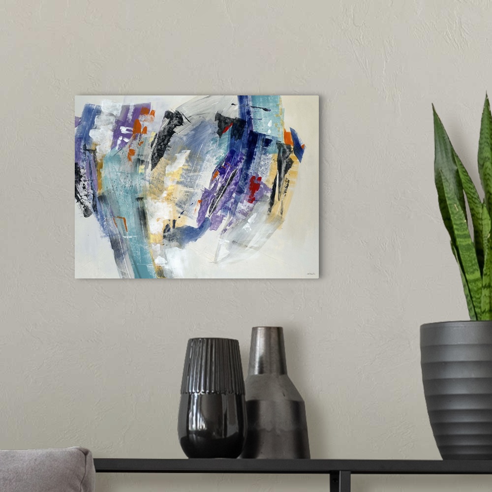 A modern room featuring A contemporary abstract painting using harsh colors to convey a shape in motion.