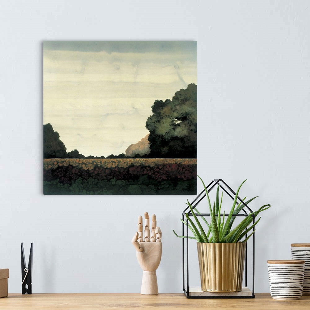 A bohemian room featuring Contemporary painting of a flat landscape with trees in the distance.
