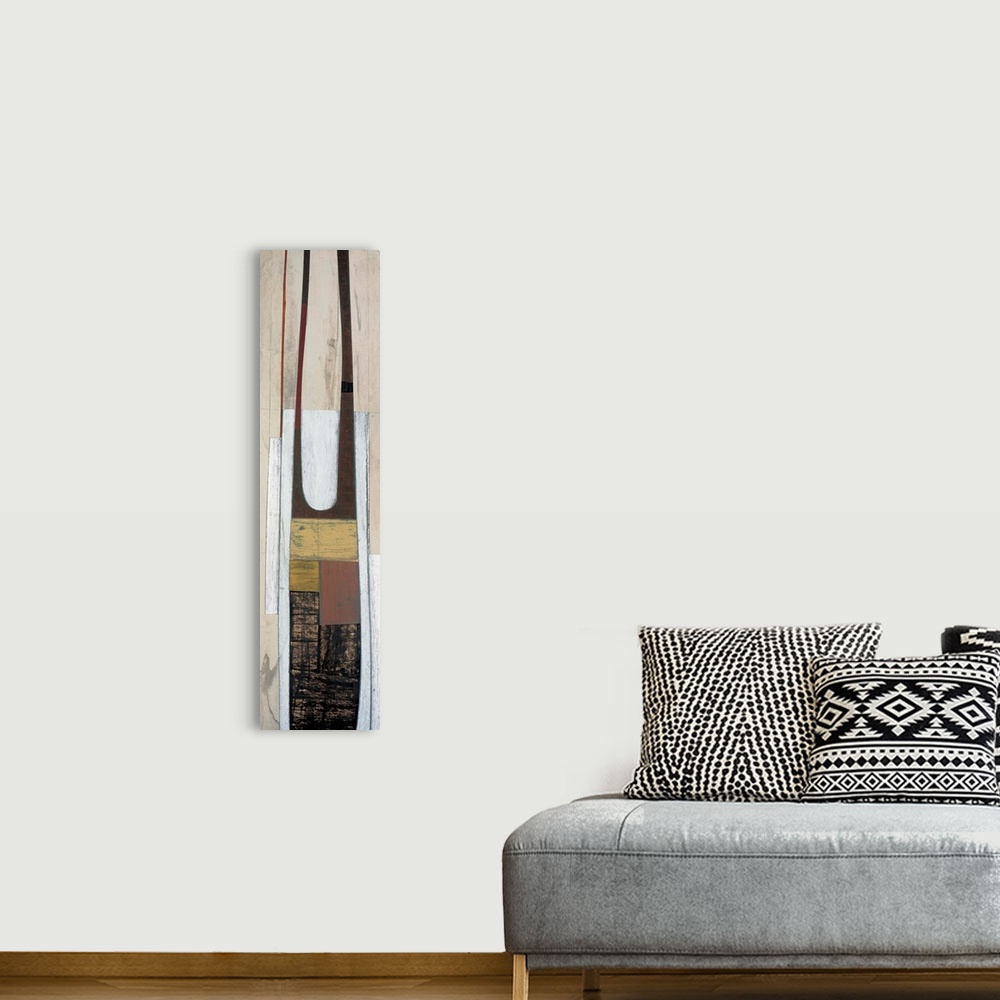 A bohemian room featuring Contemporary abstract painting using simple geometric shapes.