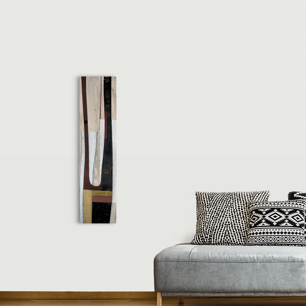 A bohemian room featuring Contemporary abstract painting using simple geometric shapes.