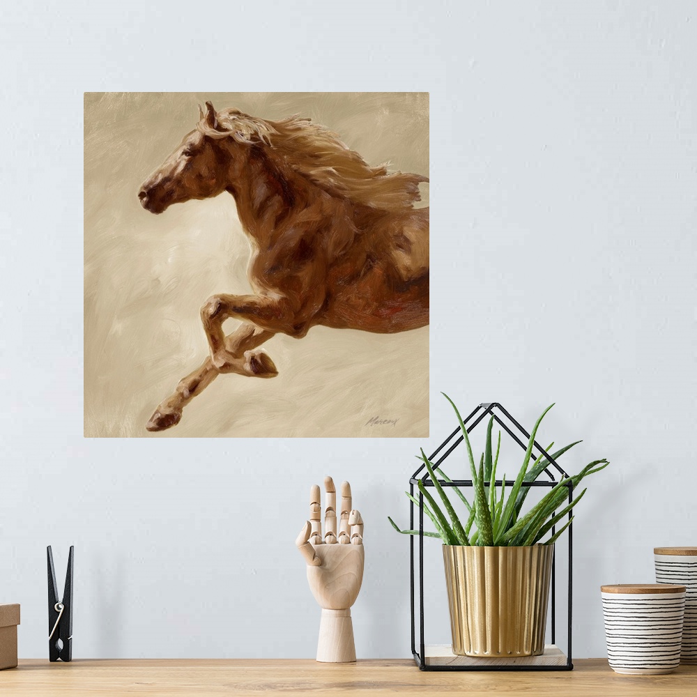 A bohemian room featuring This contemporary painting is square wall art for the home or office of the front half of a horse...