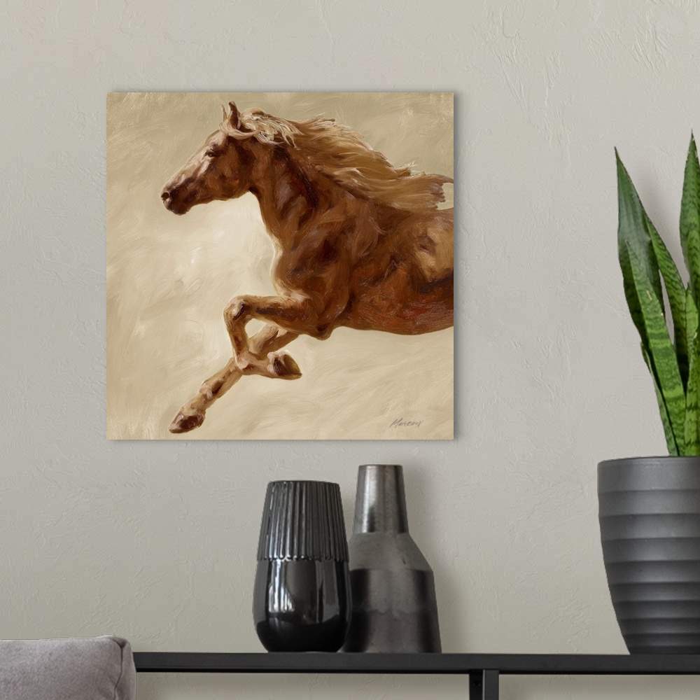 A modern room featuring This contemporary painting is square wall art for the home or office of the front half of a horse...