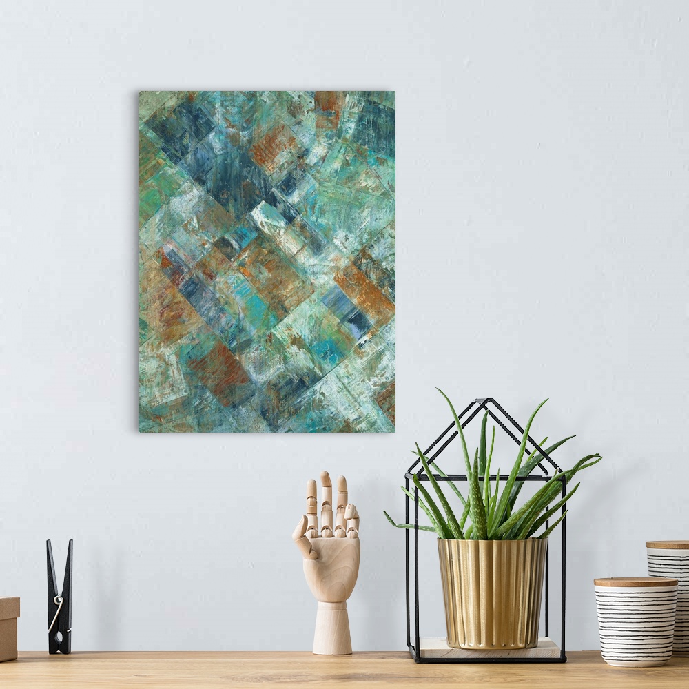 A bohemian room featuring Vertical abstract painting of various patches of grungy colors.