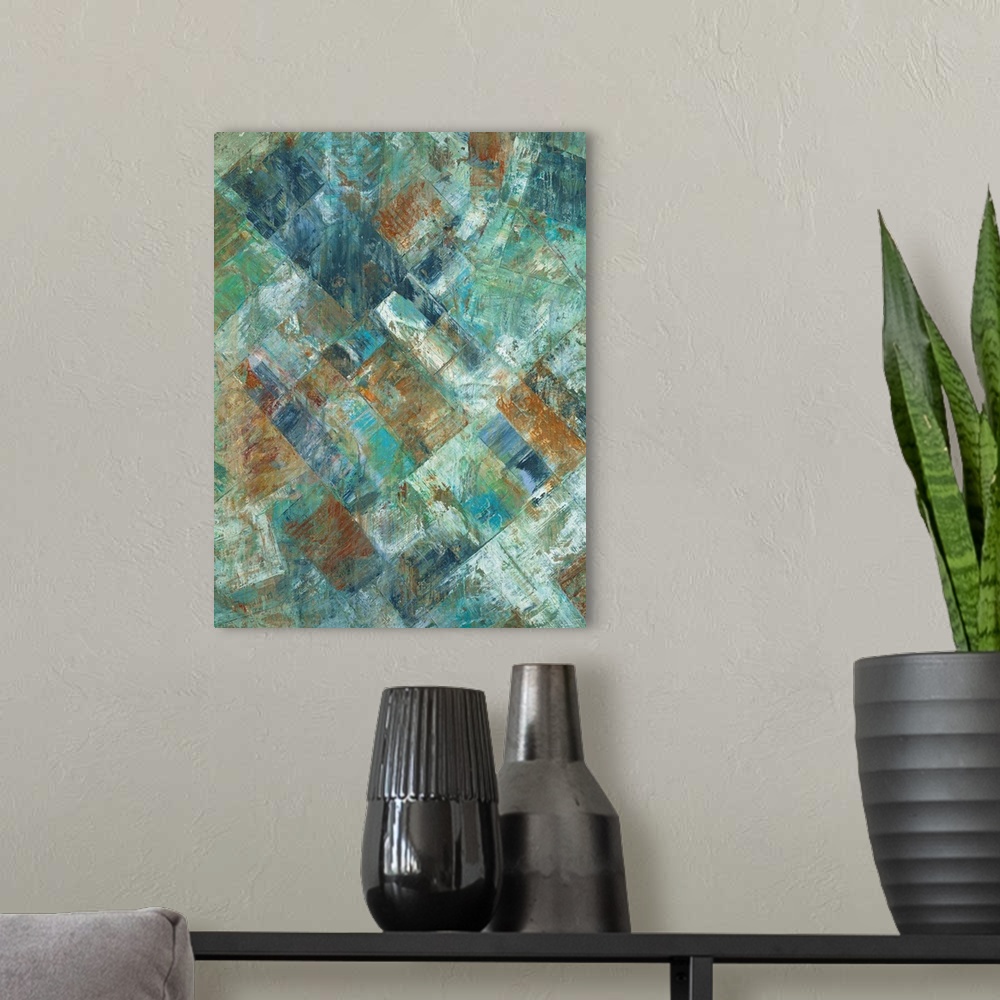 A modern room featuring Vertical abstract painting of various patches of grungy colors.