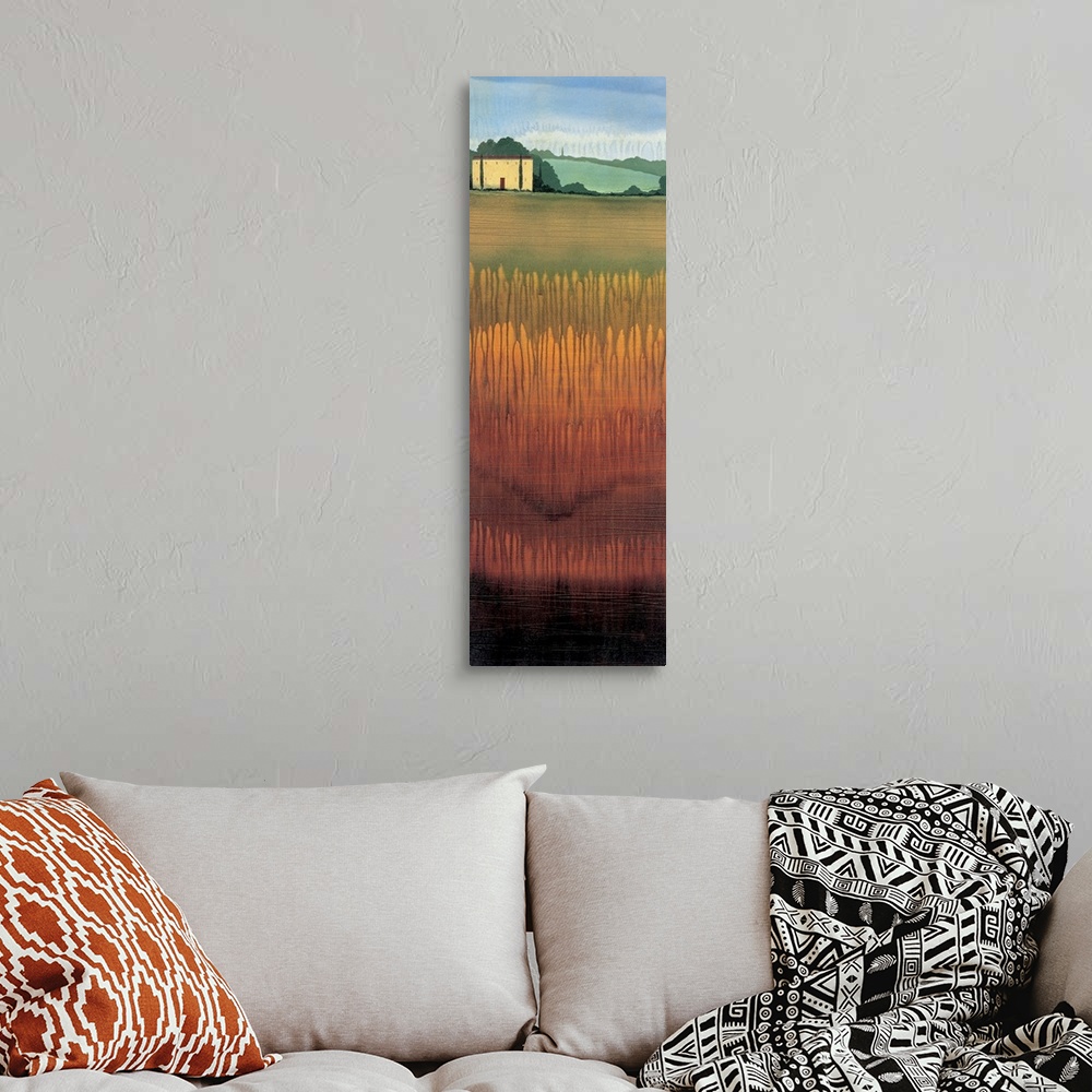 A bohemian room featuring Contemporary painting of an idyllic Tuscan landscape of golden fields.