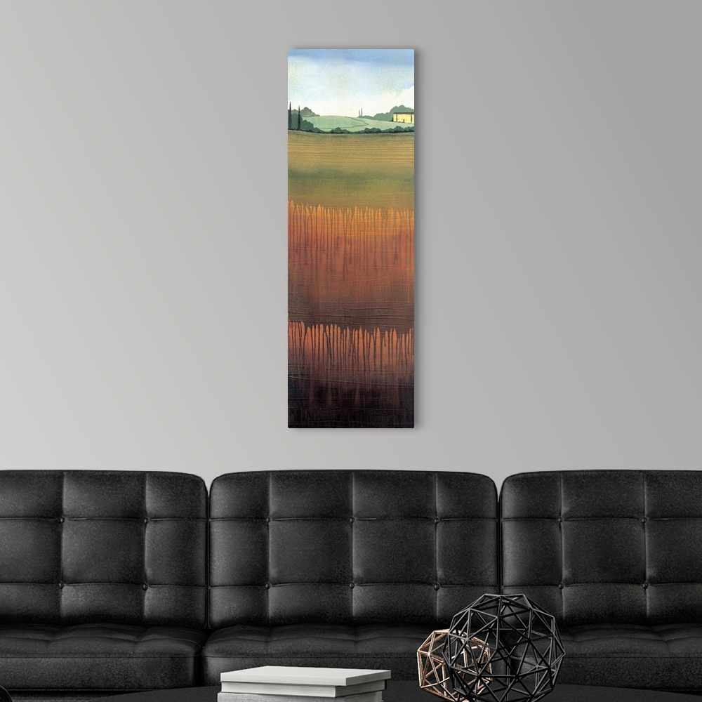 A modern room featuring Contemporary painting of an idyllic Tuscan landscape of golden fields.