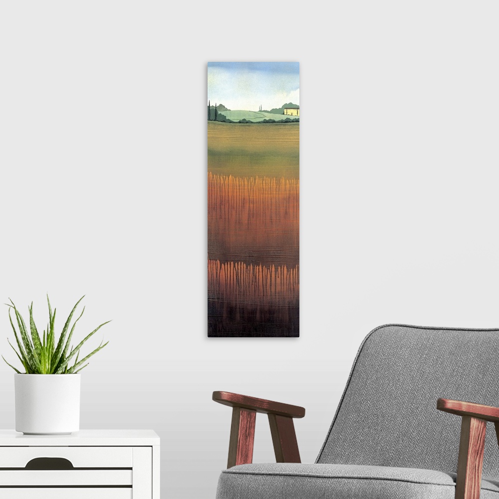 A modern room featuring Contemporary painting of an idyllic Tuscan landscape of golden fields.