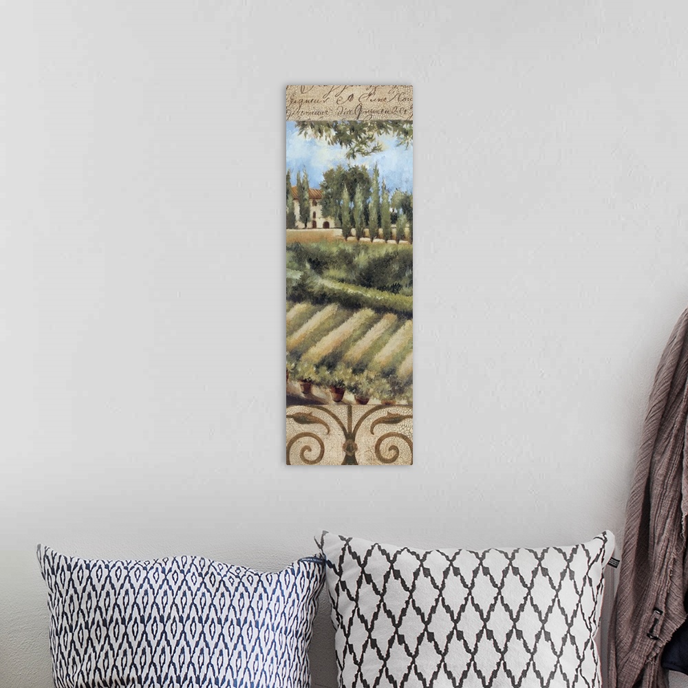 A bohemian room featuring An idyllic painting of a Italian Tuscan countryside.