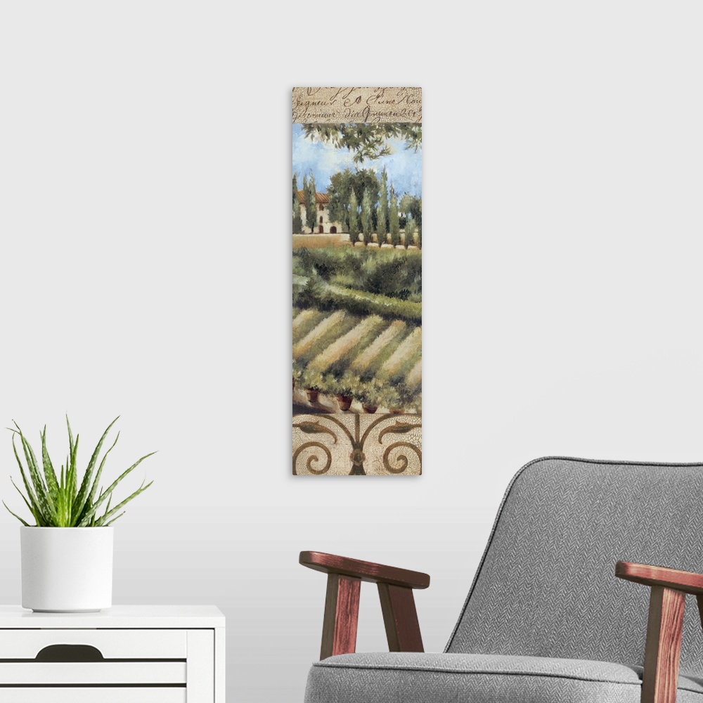 A modern room featuring An idyllic painting of a Italian Tuscan countryside.