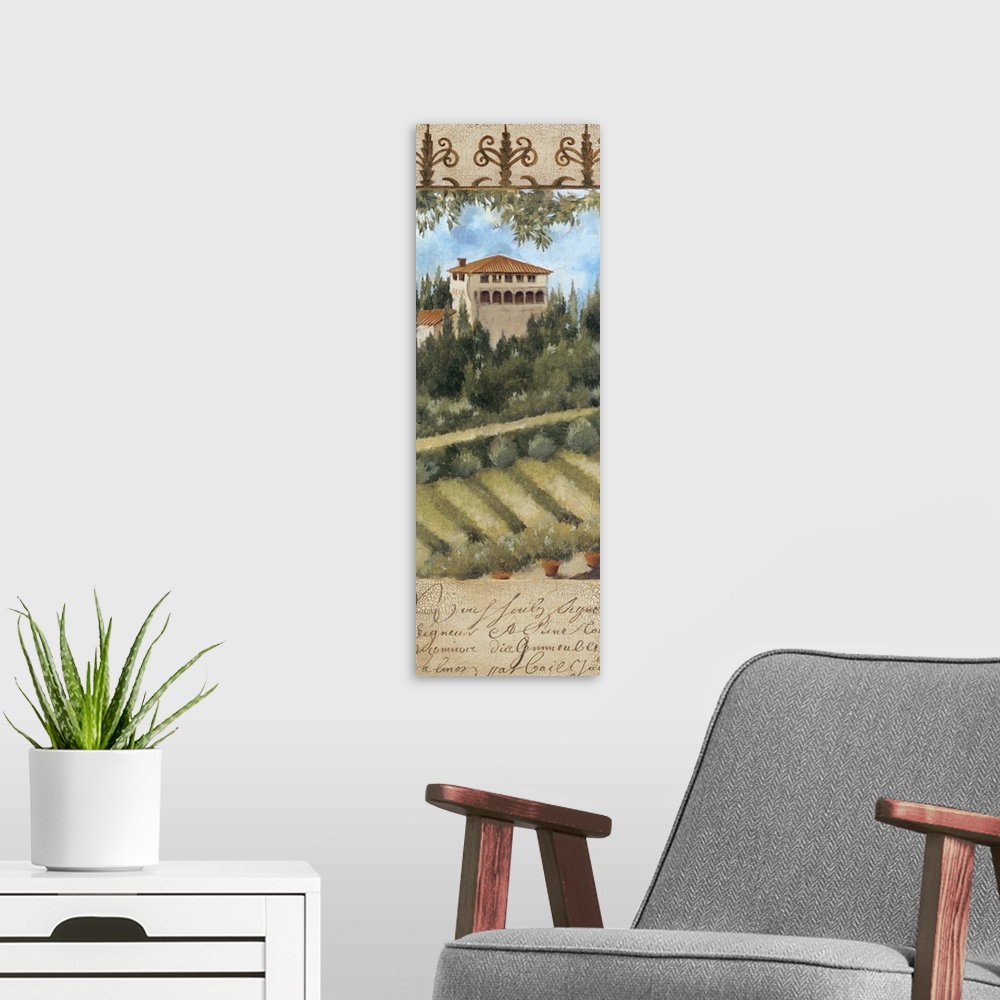 A modern room featuring An idyllic painting of a Italian Tuscan countryside.