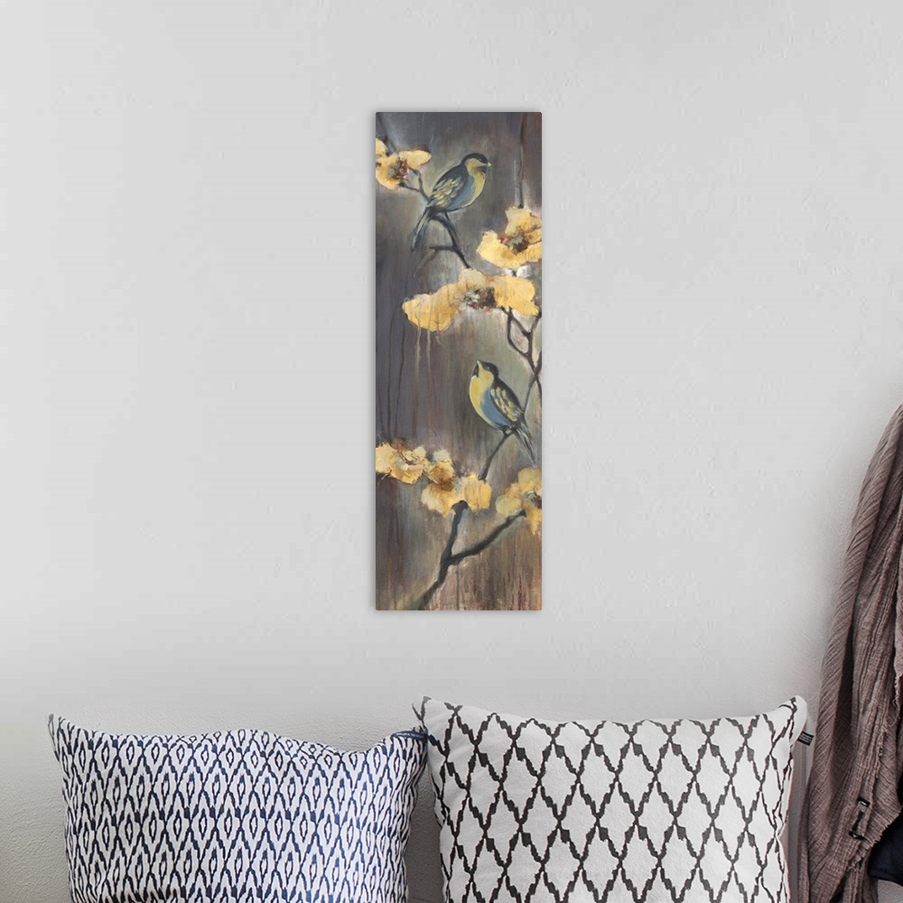 A bohemian room featuring Contemporary painting of two bluebirds perched on flower branches.