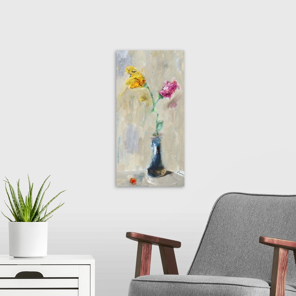 A modern room featuring Two Flowers, One Vase
